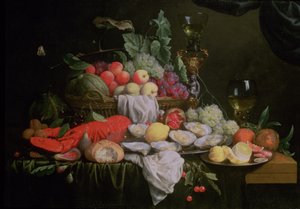 Naturaleza muerta con limón, ostras, langosta y frutas, 1658